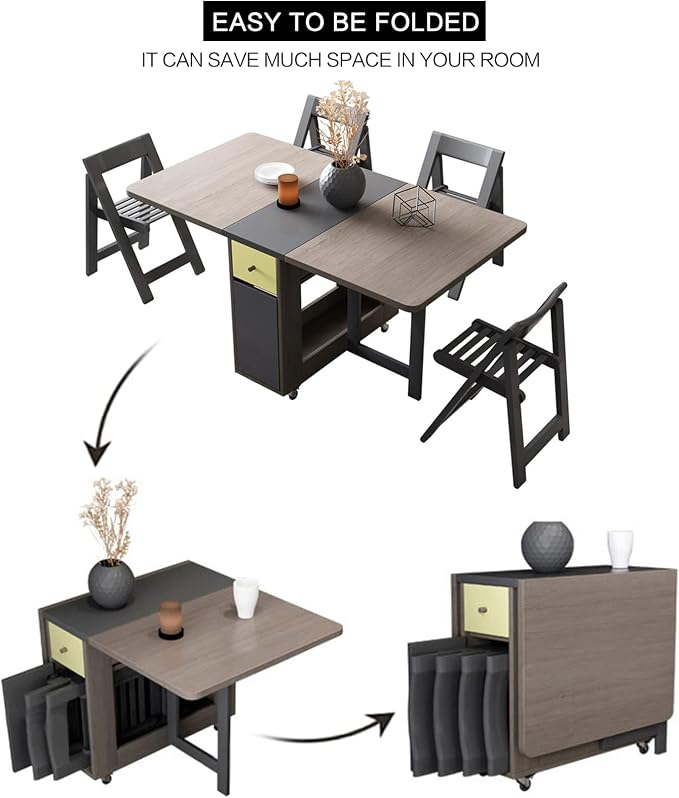 FUNROLUX Folding Dining Table with Storage Rack and 2 Drawers, Movable Kitchen Table Extendable Versatile Table Space Saving Foldable in 3 Forms (Grey)