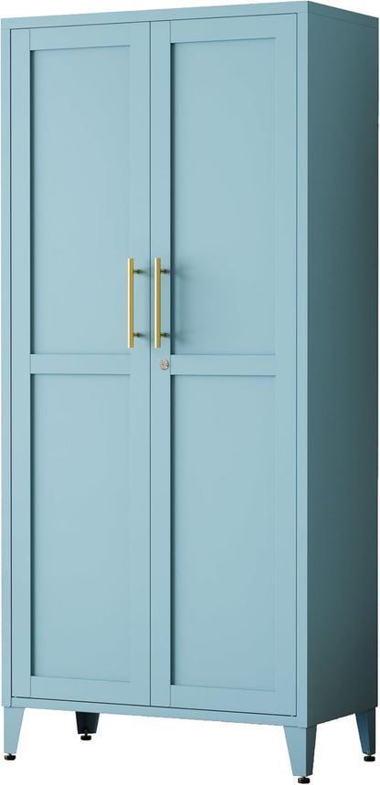 Lockable 61 Inch Tall Metal Storage Cabinet,2-Door Metal Pantry Cabinet with Adjustable Shelves, 4-Tier Steel Storage Locker for Bedroom Kitchen, Home Blue 61" H X 27.6" W X 13.8" D