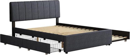 Queen Size Upholstered Platform Bed w/Trundle Bed & 2Storage Drawers | Twin Size Trundle,Two Drawers,LED Lighting Controlled by APP, USB+Type-C Charging Ports,Linen Upholstered Bed Frame,Dark Grey