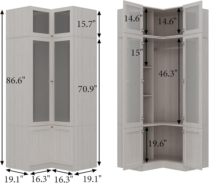 MOUMON Tall Corner Wardrobe, L-Shaped Modern Bedroom Armoires with Frosted Glass Doors and Hanging Rod, Corner Armoire Closet for Clothes Storage, Wood Grain 35.4" W x 35.4" D x 86.6" H
