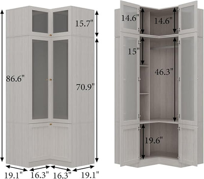 MOUMON Tall Corner Wardrobe, L-Shaped Modern Bedroom Armoires with Frosted Glass Doors and Hanging Rod, Corner Armoire Closet for Clothes Storage, Wood Grain 35.4" W x 35.4" D x 86.6" H