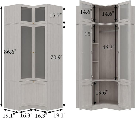 MOUMON Tall Corner Wardrobe, L-Shaped Modern Bedroom Armoires with Frosted Glass Doors and Hanging Rod, Corner Armoire Closet for Clothes Storage, Wood Grain 35.4" W x 35.4" D x 86.6" H