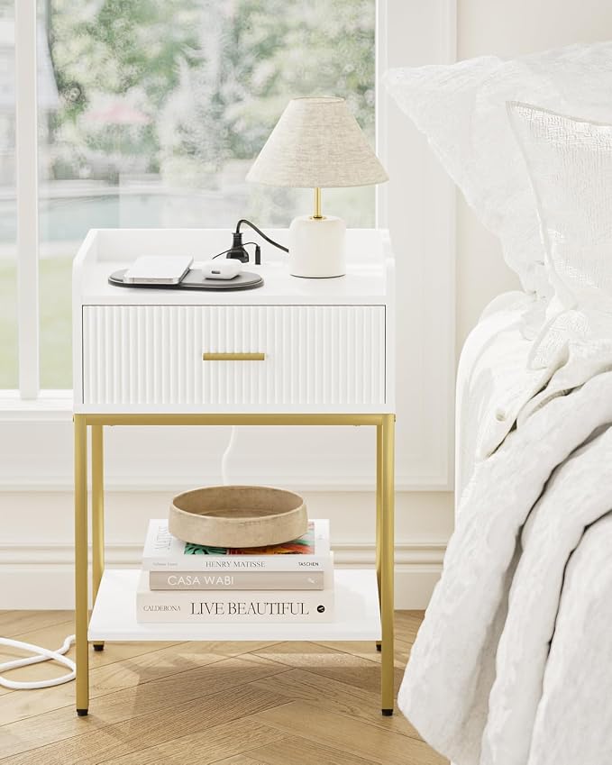 Nightstand with Charging Station, 3-Tier Bed Side Table, Small End Table, Night Stand with Open Shelf and Drawer, Bedside Table for Bedroom, Living Room, White