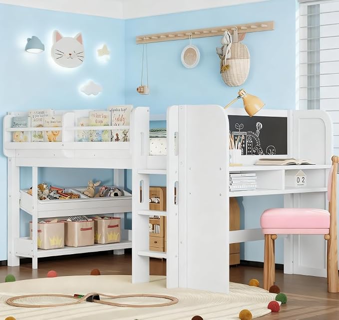 Bellemave Twin Size Low loft Bed with Desk and bookcases, Boxes and Drawers for Kids,Wood Modern Farmhouse Kids Loft Bed with Shelf, White