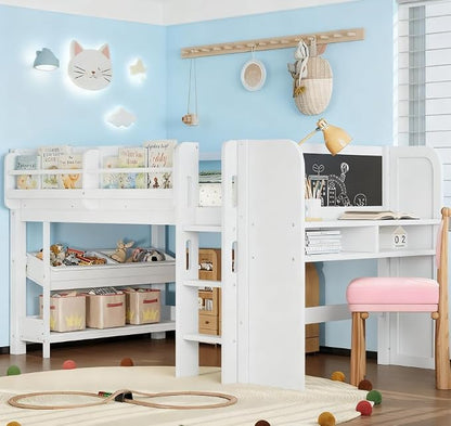 Bellemave Twin Size Low loft Bed with Desk and bookcases, Boxes and Drawers for Kids,Wood Modern Farmhouse Kids Loft Bed with Shelf, White