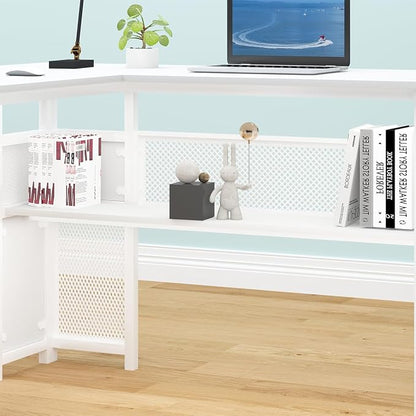 HSH White L Shaped Desk with Drawers Shelves, Large Home Office Corner Computer Desk with Storage File Cabinet, Modern Metal Wood Desk for Executive Writing Study Workstation, 59 Inch Bedroom Table
