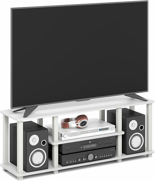 Furinno Turn-S-Tube TV Stand, 3-Tier No Tools 3D Entertainment Center with Open Shelf, TV Console for TV up to 50 Inch, with Square Tube, for Living Room, Bedroom, White