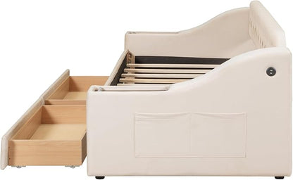 Merax Twin Size Upholstered Daybed with Storage Armrests, Wooden Sofa Bed Frame with 2 Drawers and USB Port, Beige