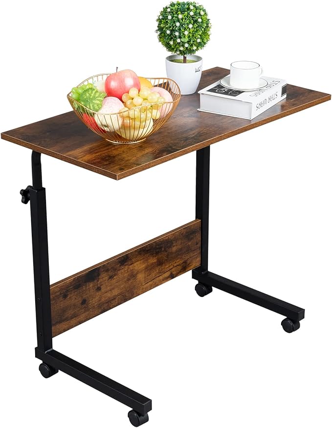 Standing Desk - Side Table Adjustable Height, Portable Laptop Cart, C-Shaped Bed Couch end Tables with Edge Stopper - Wheels for Living Room Bedroom Walking Pad Treadmill 31.5Inch Brown