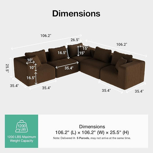 Novilla 106" Modular Sectional Sofa, Modern Cloud Sectional Couch with Smarts Coil® Support, L-Shape Boneless Couch for Living Room Apartments Bedroom, No Assembly Required, Brown (5 Seat)
