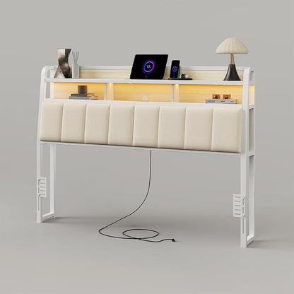 Queen Headboard Only with Storage, Upholstered Headboards for Queen Size Bed with LED Light, Charging Station, Height Adjustable, Sturdy and Stable Headboard, Off White