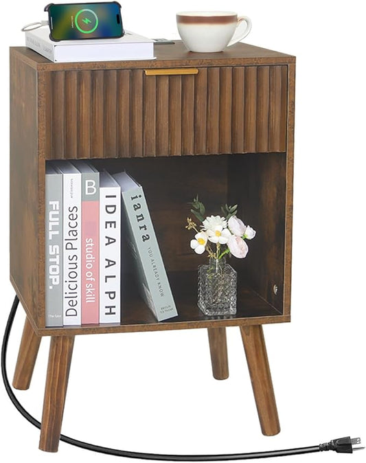 Fultyle Mid Century Modern Nightstand with Charging Station, Modern Bedside Table with Fluted Drawer and Storage Shelf, End Side Tables Living Room for Bedroom, Office (Rustic Brown)