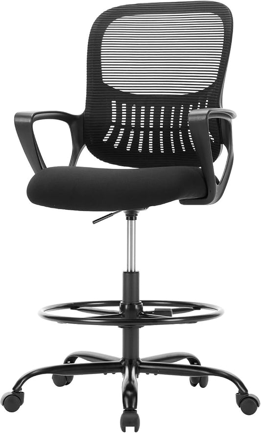 Sweetcrispy Tall Drafting Desk Chair - Ergonomic High Stool Computer with Adjustable Height and Comfy Lumbar Support, Office Rolling Counter with Flixed Arms and Footrest, Dark Black