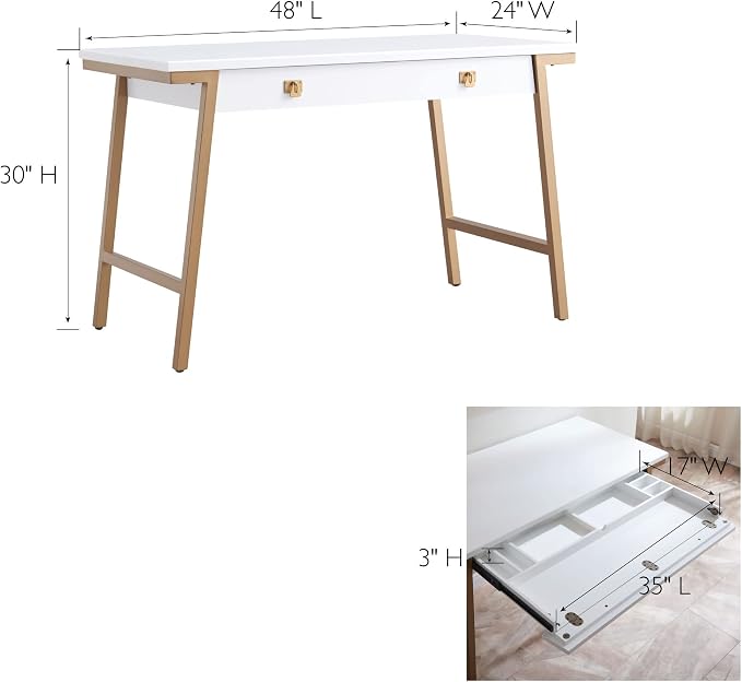 Leick Home 11400-WT Empiria Mixed Metal and Wood Computer Desk with Drop Front Keyboard Drawer, White/Gold
