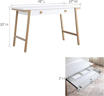 Leick Home 11400-WT Empiria Mixed Metal and Wood Computer Desk with Drop Front Keyboard Drawer, White/Gold