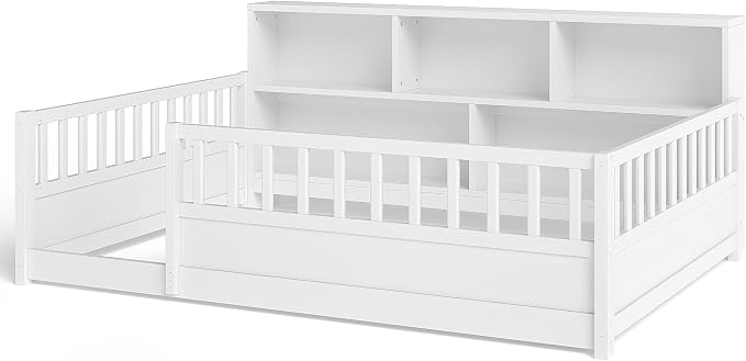 Bellemave Full Size Montessori Floor Bed with Bookcase, Full Size Floor Bed with Rails and Storage Shelves, Easy Assemble Montessori Beds Frame for Girls, Boys, White