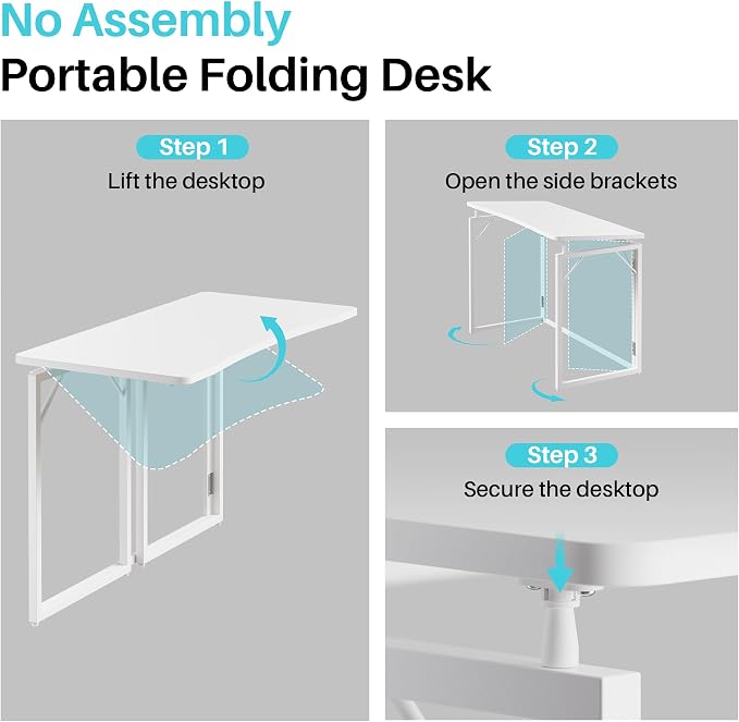JOYMOOP White Folding Desk - 47.2", No Assembly Large Size Foldable Desk for Home, Office, Wooden Top Folding Computer Desk for Working, Writing, Studying