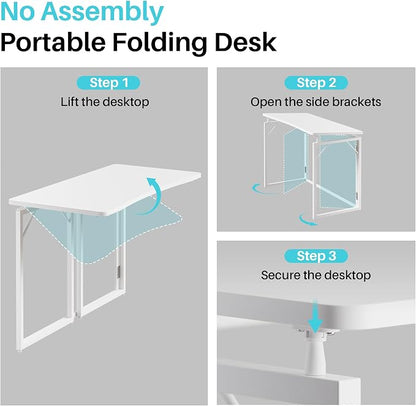 JOYMOOP White Folding Desk - 40", No Assembly Middle Size Foldable Desk for Home, Office, Wooden Top Folding Computer Desk for Working, Writing, Studying