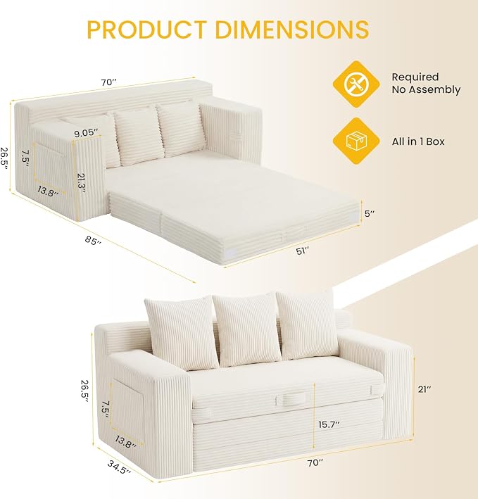 Boneless Couch,3 Seater Boneless Couch Bed – 3-in-1 Convertible Sleeper Sofa with Side Pockets & Handle,Pull Out Corduroy Futon for Small Space,Living Room & Bedroom, 3 Pillows Included,No Assembly