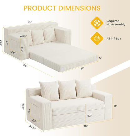 Boneless Couch,3 Seater Boneless Couch Bed – 3-in-1 Convertible Sleeper Sofa with Side Pockets & Handle,Pull Out Corduroy Futon for Small Space,Living Room & Bedroom, 3 Pillows Included,No Assembly