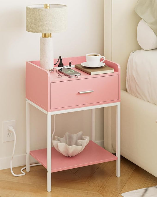 Masupu Nightstand with Charging Station,3-Tier Modern Bedside Night Stand with Storage Drawer and Shelf,Small End Side Table for Bedroom,Living Room,Pink and White