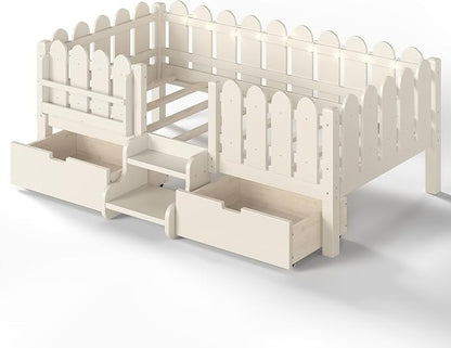 Bellemave Twin Kids Montessori Bed with Stairs, Bookshelf and LED Lights, Solid Wood Kids Bed Frame with Storage Drawers for Boys Girls, Low Profile,Beige