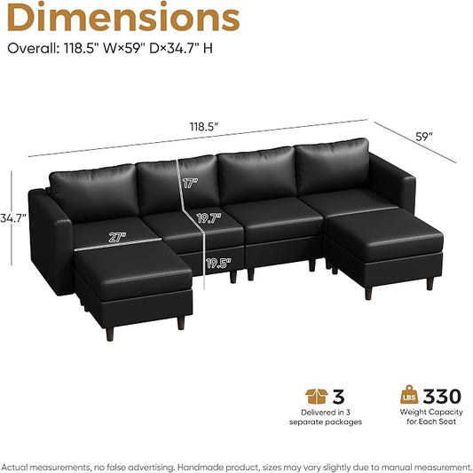 ABCASA Oversized Modular Sectional Sofa, 118.5" Faux Leather 6 Seater U Shaped Couch with Movable Ottoman and Storage Seat with Reversible Chaise Deep Seat for Living Room Black
