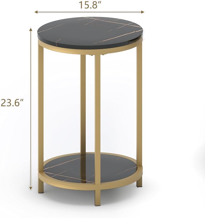 WiberWi Round Side Table Set of 2, Modern Nightstand End Table with Gold Metal Frame &Faux Marble Top, Accent Bedside Table for Living Room Bedroom Small Spaces with Storage Open Shelf,Black