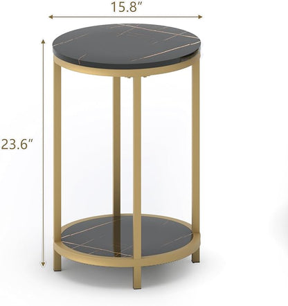 WiberWi Round Side Table Set of 2, Modern Nightstand End Table with Gold Metal Frame &Faux Marble Top, Accent Bedside Table for Living Room Bedroom Small Spaces with Storage Open Shelf,Black