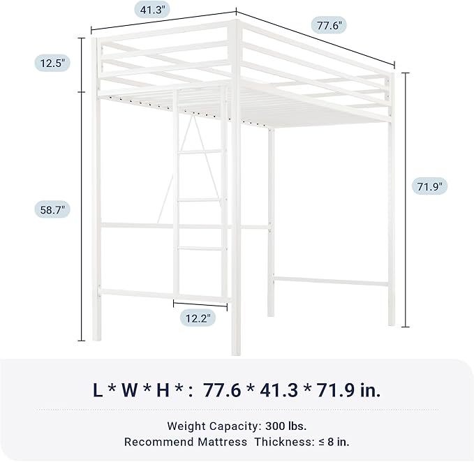 Allewie Metal Loft Bed Twin Size with Guardrail and Ladder,White | Small Space Saving Design for Bedroom Kid Room and Dorm, No Box Spring Needed