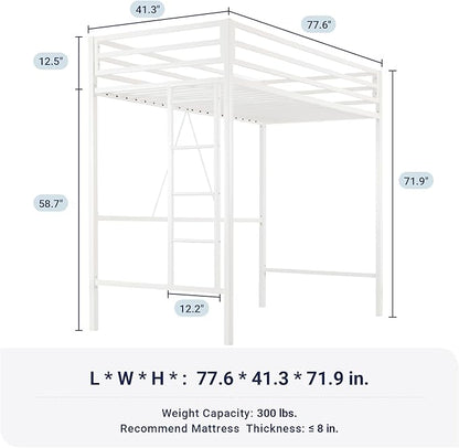 Allewie Metal Loft Bed Twin Size with Guardrail and Ladder,White | Small Space Saving Design for Bedroom Kid Room and Dorm, No Box Spring Needed