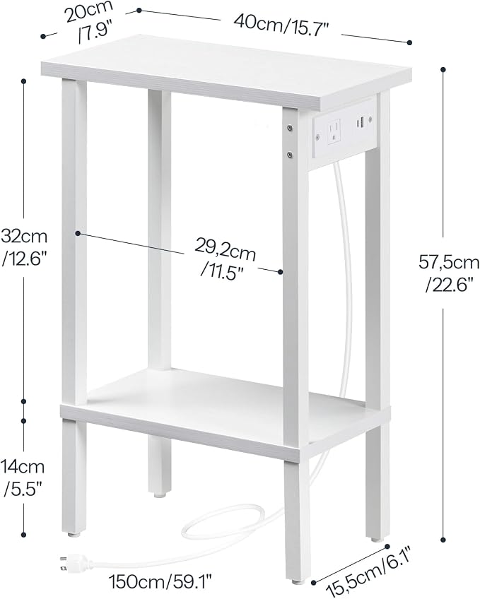 HOOBRO Narrow Side Table, 2-Tier Slim End Table with Charging Station, Skinny Nightstand with Open Storage, for Small Spaces, Living Room, Bedroom, Study, White WT240UBZ01