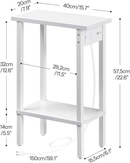 HOOBRO Narrow Side Table, 2-Tier Slim End Table with Charging Station, Skinny Nightstand with Open Storage, for Small Spaces, Living Room, Bedroom, Study, White WT240UBZ01