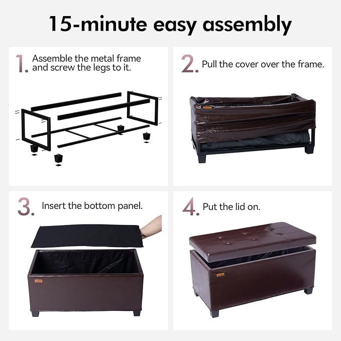 ABHENG Storage Ottoman Bench Steel Frame Synthetic Leather Cover with Legs, 31.5”W x 15.7”D x 15.7”H, end of Bed Storage Bench Chest Hold up to 770 LB Living Room Bedroom Brown UASND71R