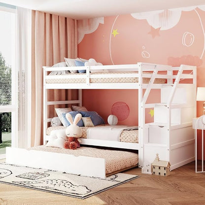 MERITLINE Twin Over Twin Bunk Beds with Trundle and Storage Box, Solid Wood Bunk Bed with Stairs and Storage Case for Teens Adults (White + Solid Wood)