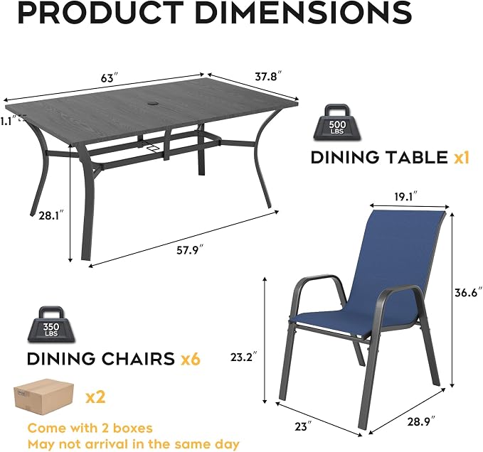 Outdoor Dining Set for 6, 7pcs Patio Table and Chairs Set with Adjustable Umbrella Hole,Heavy Duty 63”x37.8” Metal Dining Table and Stackable Patio Chair for Yard, Garden, Porch