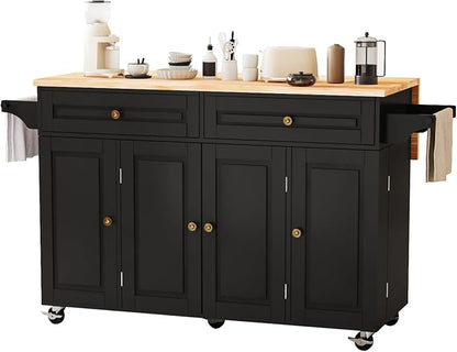 59 Kitchen Island Cart with Drop Leaf Breakfast Bar, Rolling Mobile Kitchen Island Table on Wheels with Storage Cabinet, Drawer, Spice/Towel Rack, Black