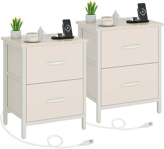 Vagusicc Nightstand Set of 2 with Charging Station, End Table Bedside Table with Power Outlet & USB Ports, Side Table with 2 Fabric Drawers for Bedroom, Living Room, Beige