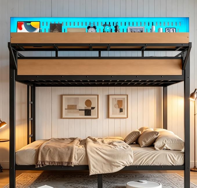 Bellemave Bunk Bed Queen Over Queen，Metal Bunk beds with Storage Shelves USB Ports and LED Lights, Natural