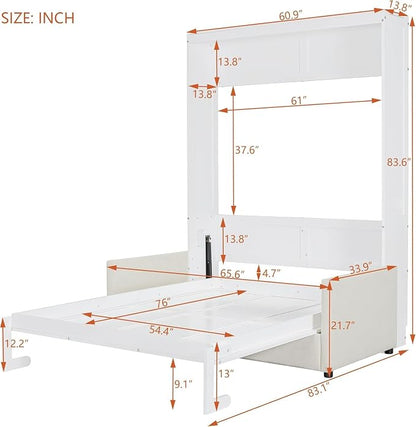 MERITLINE Full Murphy Bed with Couch,Wood Murphy Bed Cabinet with Sofa,Fold up Bed White Murphy Wall Bed Full Size