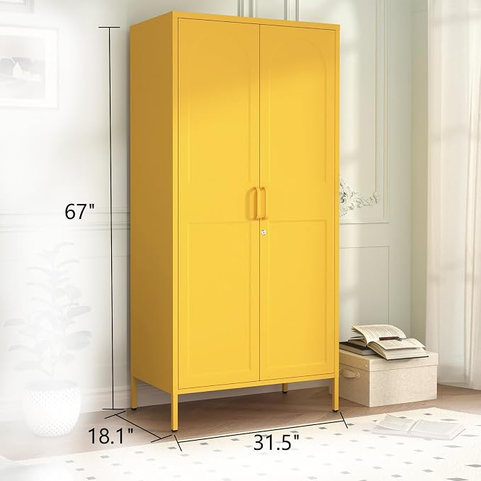 Lockable Closet Metal Wardrobe 67" Yellow 2 Door Wardrobe Bedroom Storage Cabinet Adjustable shelf Multi functional metal Storage Cabinet with hanging rail for domestic use 18.1" D x 31.5" W x 67" H
