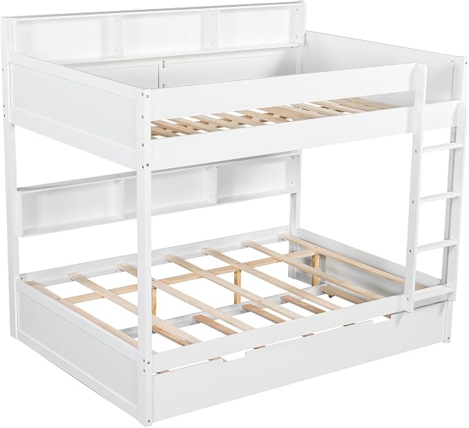 Harper & Bright Designs Rustic Wood Bunk Bed with Pull-Out Trundle, Full Over Full Wooden Bunk Bed with Large Cabinet Beside Upper and Down Bed, White