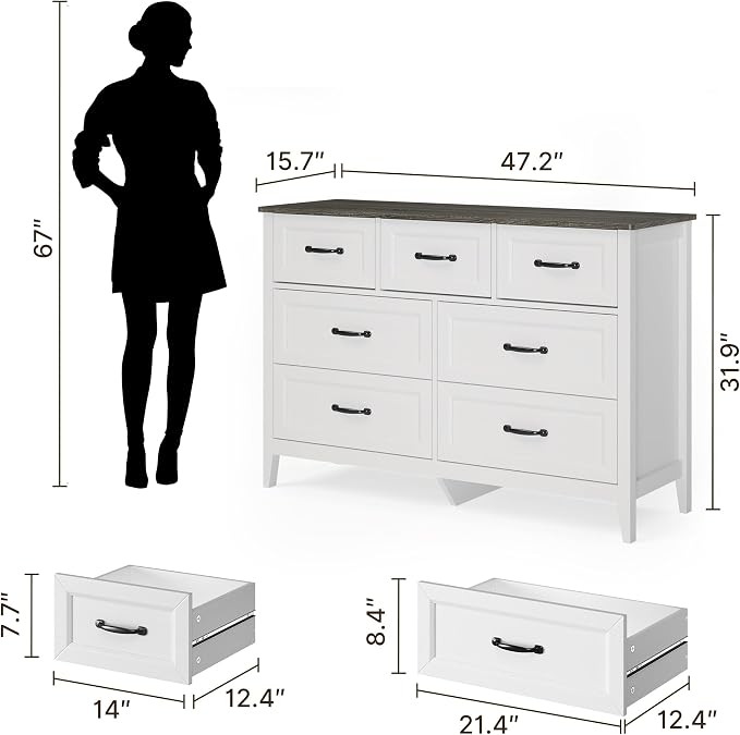 Gizoon 3 PCS Bedroom Furniture Set, 7 Drawer Dresser and 2 Nightstands with Charging Station, with Modern Grey Wooden Tabletop