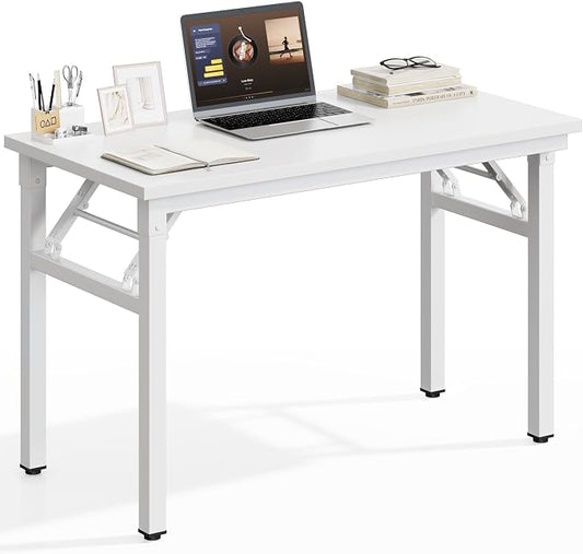 DlandHome Folding Desk for Small Spaces, 35.8 in Computer Desk Folding Table, Foldable Office Desk Writing Workstation for Home Office, Study, Bedroom, No Assembly Required, White & White
