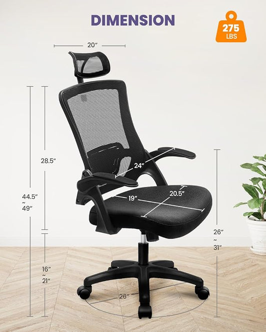 NEO Chair Office Desk Chair Gaming Computer High Back Support Mesh Comfy Seat with Adjustable Ergonomic Headrest Lumbar Rolling Flip-up Armrests and Wheels (Mesh Black)