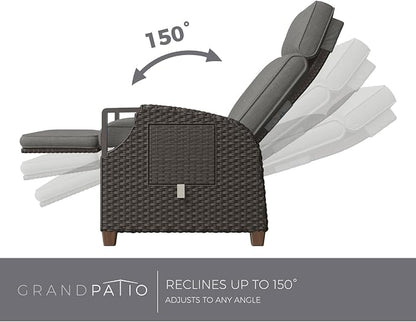 Grand patio Outdoor Recliner with Independent Adjustable Back and Footrest, Air Pump 150° Lay Flat Reclining Chair Removable Olefin Cushion Flip-Up Table Wicker Grey 1PC