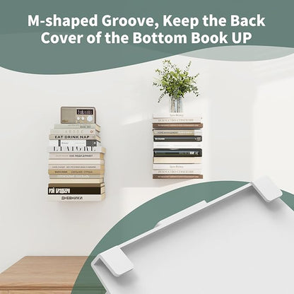 Mefirt Invisible Floating Bookshelves for Wall, 4 Tier Vertical Spine Book Tower, Heavy Duty Floating Book Shelves Metal Book Organizers for Home Office, 2 Pack(White)