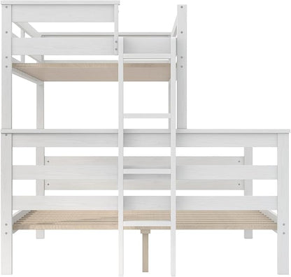 Wood Bunk Bed Twin XL Over Queen Size, Detachable Design Bunk Bed Frame with Safety Guardrail, Ladder and Sturdy Slats Support (White-4.21)