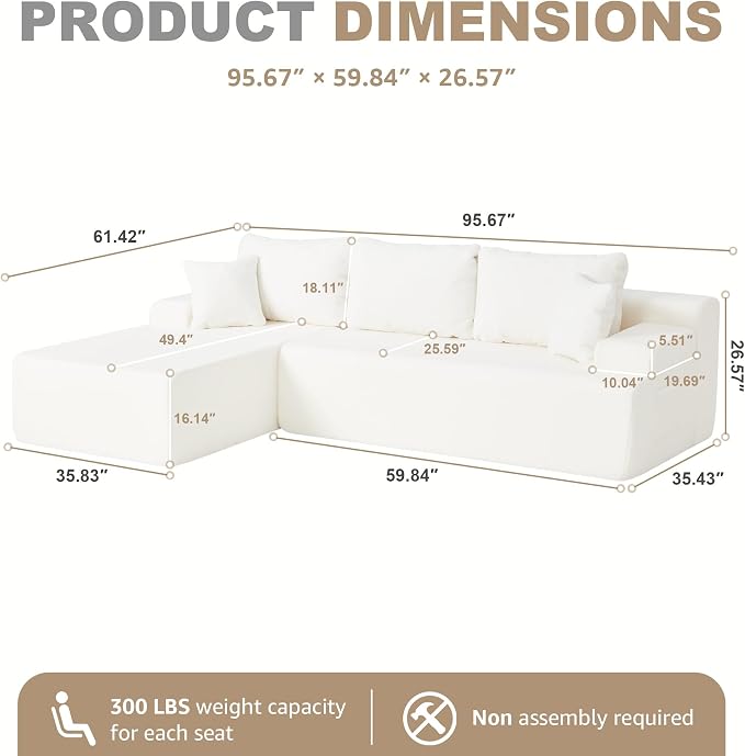 Hobestluk Modular Sectional Sofa Couches L-Shape Couch 3 Seat Modular Sofa Memory Foam Sectional Couches for Living Room, Cloud Couch with Oversized Chaise (White Smooth, 96", Left Hand Facing)
