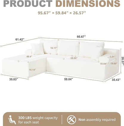 Hobestluk Modular Sectional Sofa Couches L-Shape Couch 3 Seat Modular Sofa Memory Foam Sectional Couches for Living Room, Cloud Couch with Oversized Chaise (White Smooth, 96", Left Hand Facing)